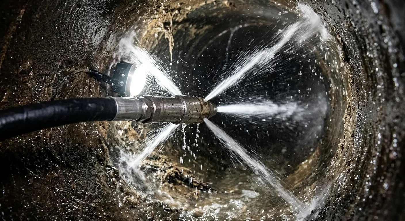 High-pressure hydro jetting nozzle cleaning sewer pipe for Emergency Drain Service in Archdale