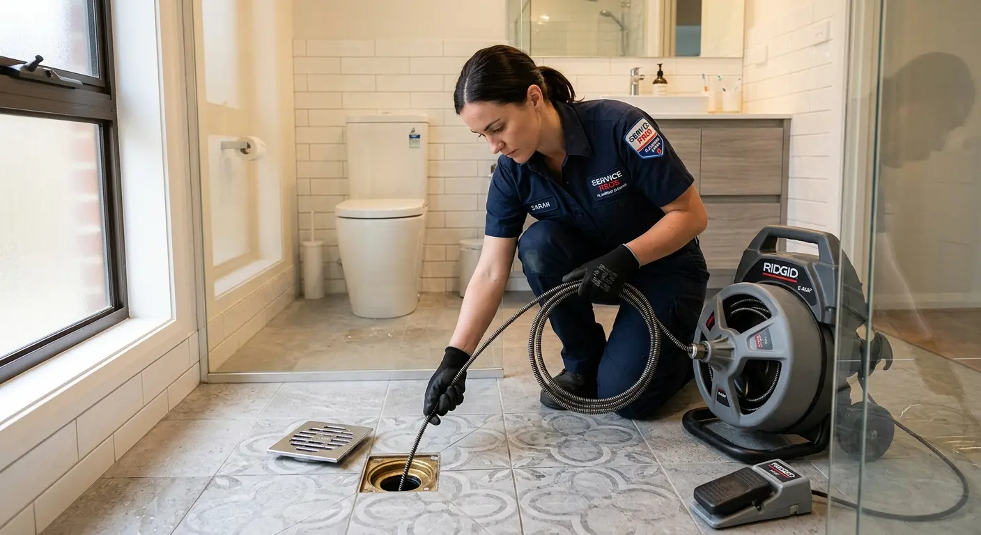 Technician clearing a bathroom floor drain for Clogged Drain Repair in Archdale